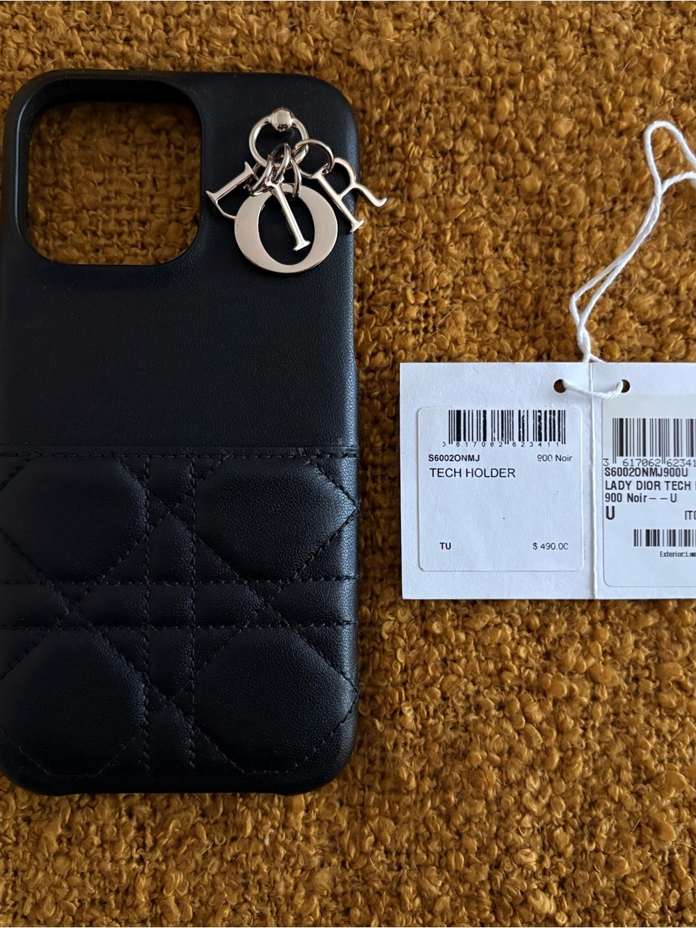 Dior iPhone 15 pro max Black Quilted Lady Tech Phone Case with Silver Charm
